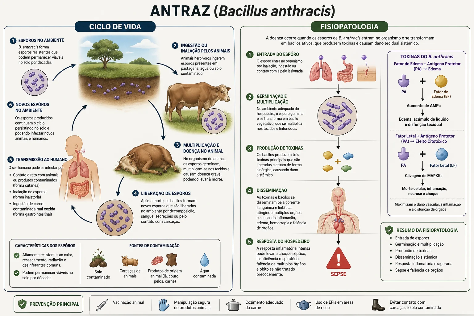 Representação do ciclo de vida e fisiopatologia do antraz