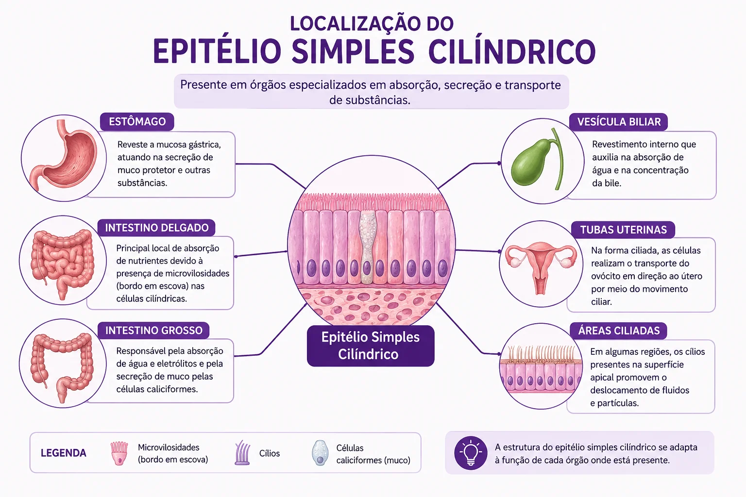Localizações do Epitélio Simples Cilíndrico