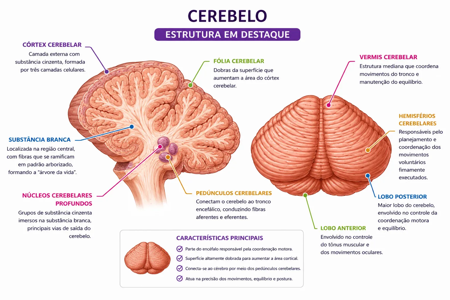 Estruturas em destaque do cerebelo