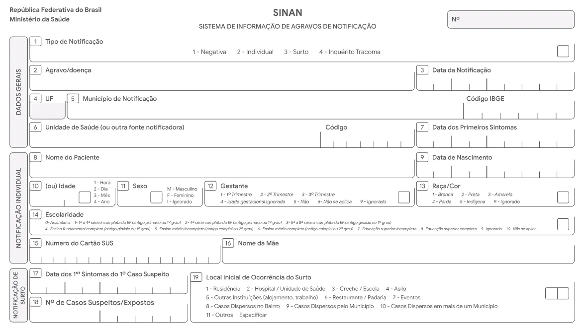 Exemplo de ficha do Sinan para notificação de agravos em saúde pública